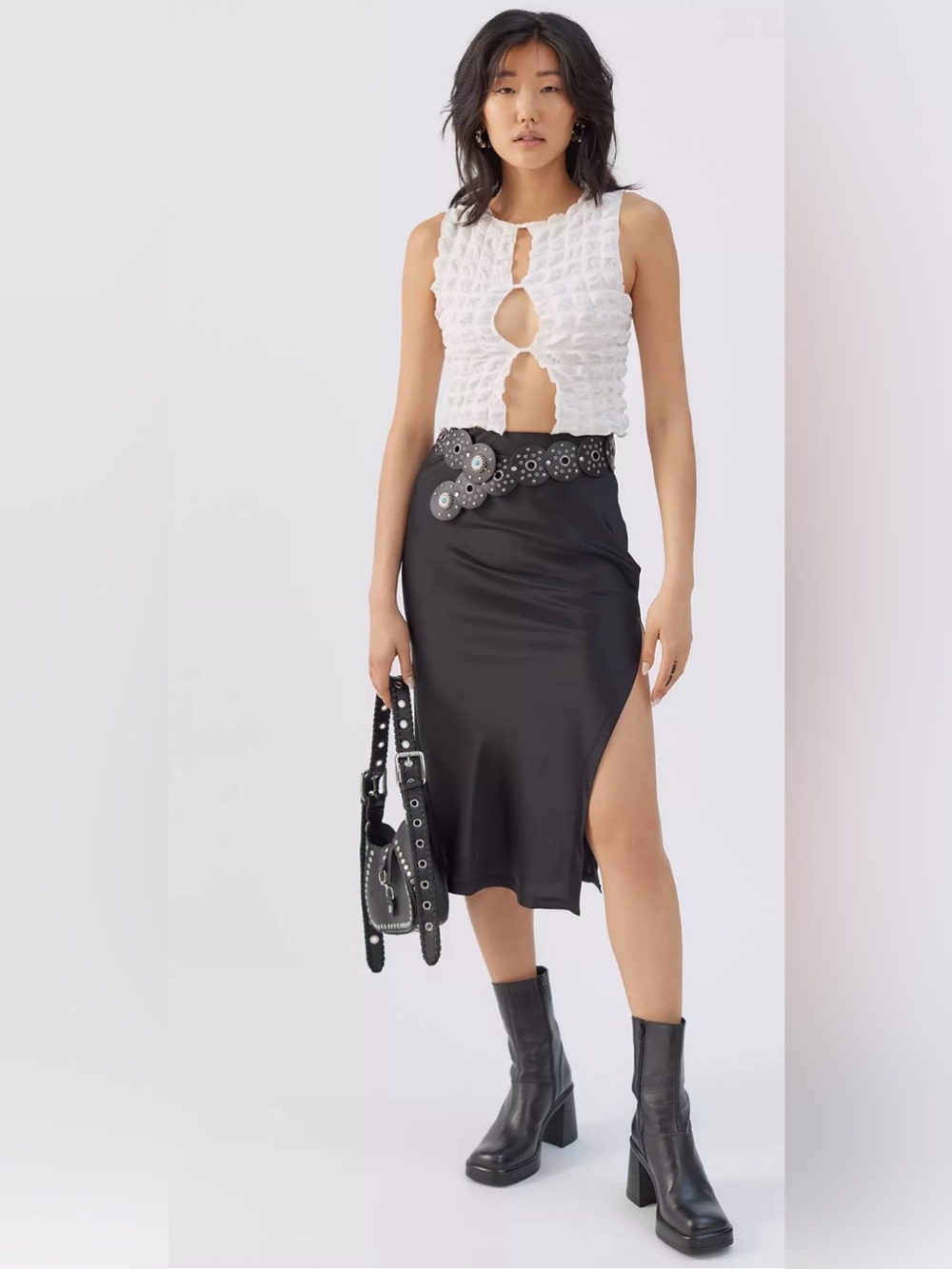 Urban Outfitters Black Satin Midi Skirt with Side Slit